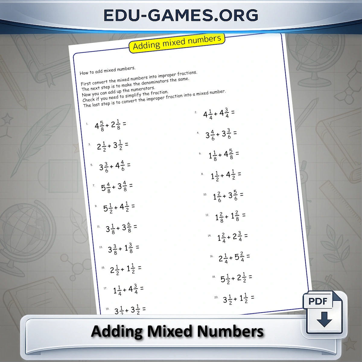 Free printable adding mixed numbers worksheet generator