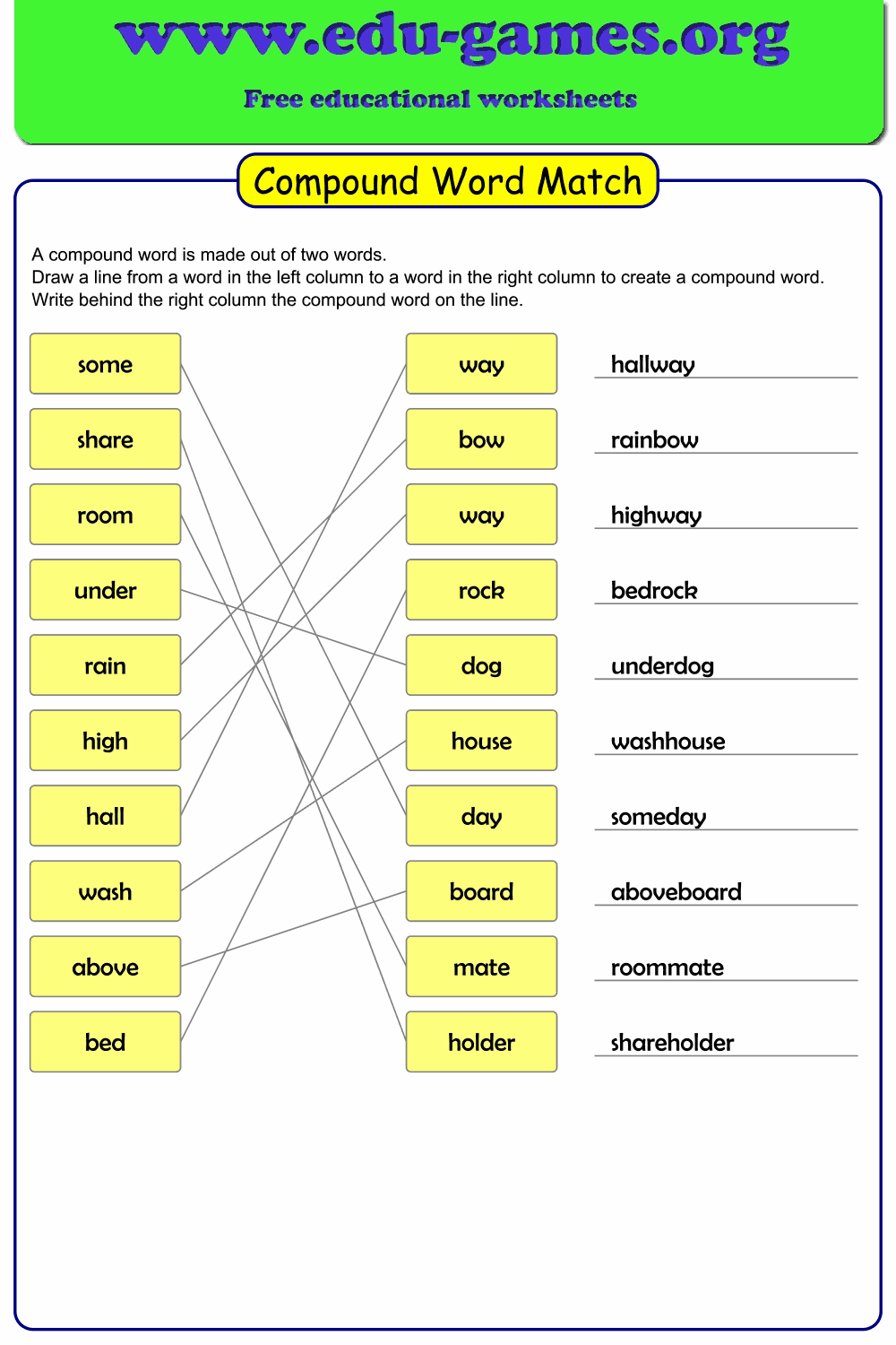 Compound Word Match — Free Printable Worksheets | Edu-Games