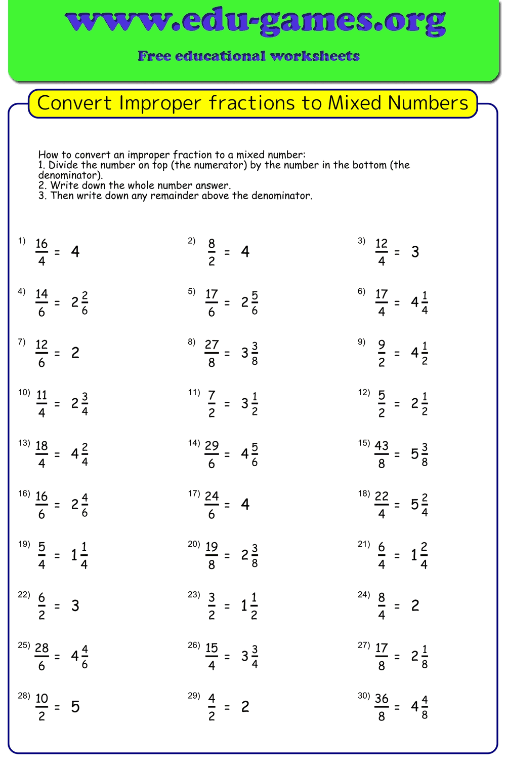 Convert Improper Fractions to Mixed Numbers — Free Worksheet & PDF