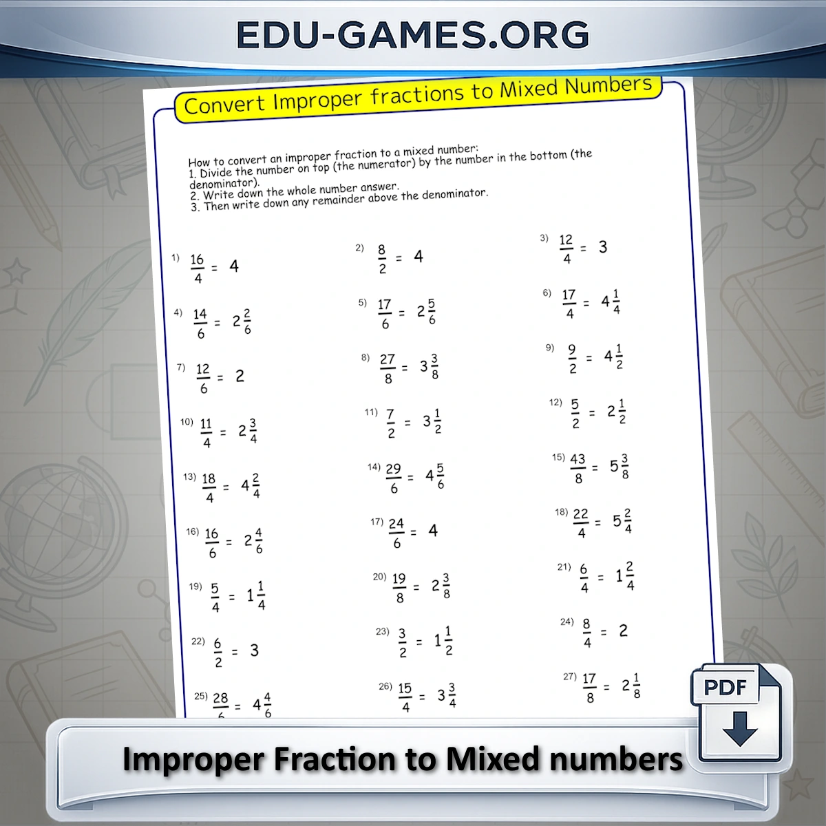Free printable improper fractions to mixed numbers worksheet generator