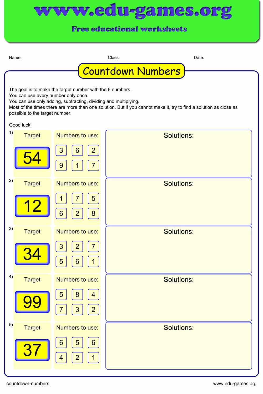 Sample printable Countdown Numbers worksheet showing target numbers and six number tiles