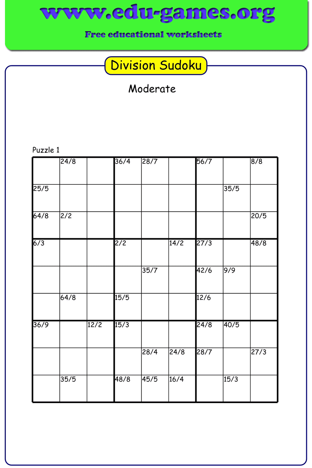Free Printable Division Sudoku — PDF Generator | Edu-Games