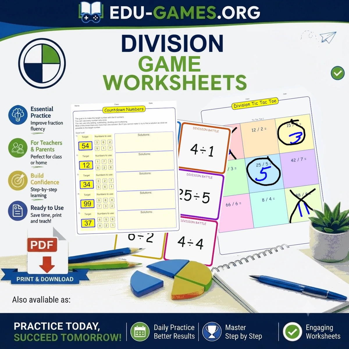 Free printable division puzzle games and activity sheets for classroom use