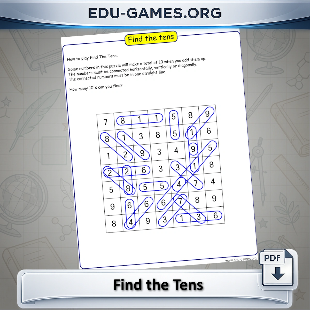 Free printable Find the Tens puzzle maker — find connecting numbers that sum to 10