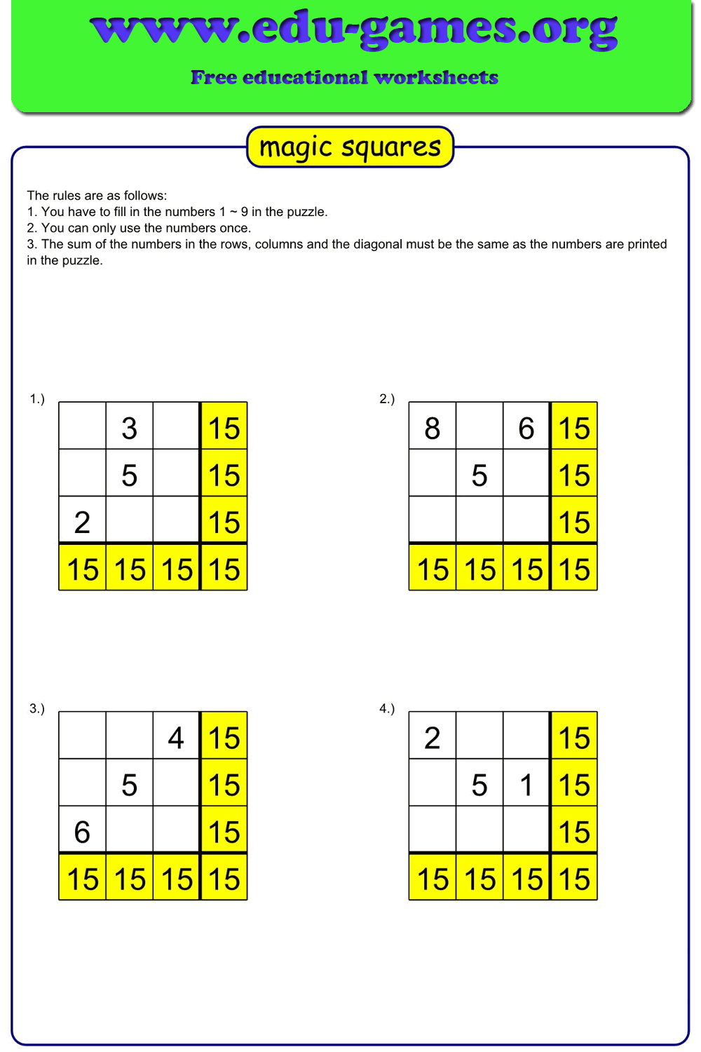 Magic Square Generator — Free 3×3 & 4×4 Printable Worksheets | Edu-Games