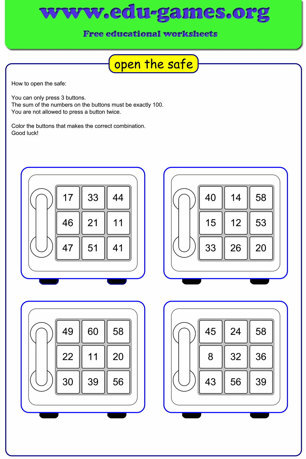 Sample printable Open the Safe worksheet showing a safe with a numbered keypad