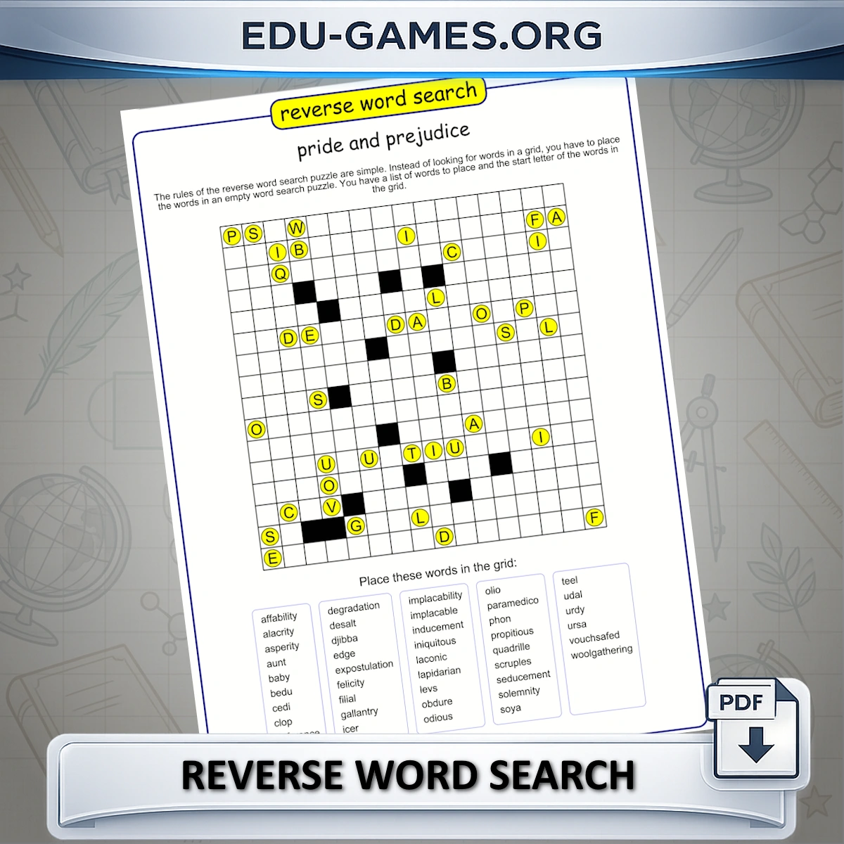Free printable reverse word search — students place words in an empty grid.