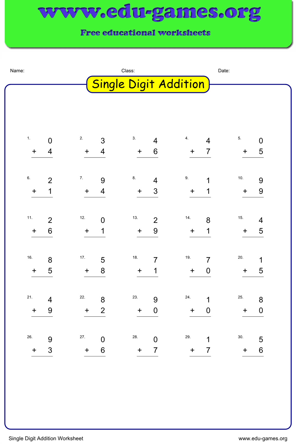 Single-Digit Addition Worksheets for Grade 1 — Free PDF | Edu-Games