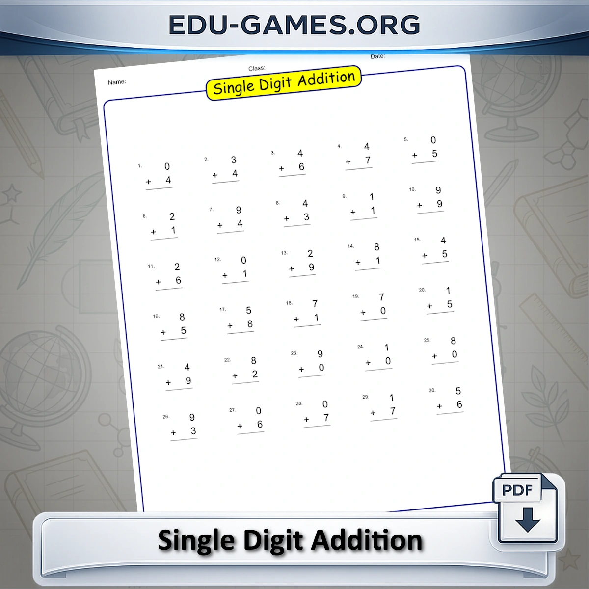 Free printable single-digit addition worksheet generator for Grade 1