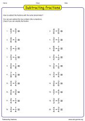 Printable subtraction fractions worksheet showing fraction questions with like and unlike denominators and answer spaces