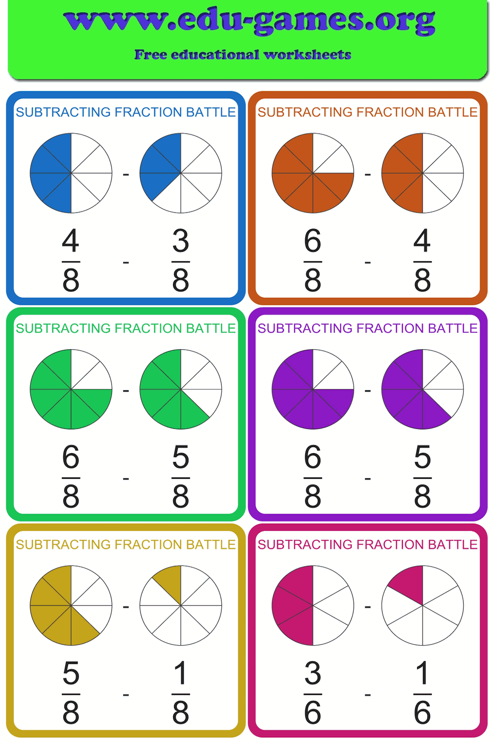 Subtracting Fraction Battle | Printable Subtracting Fractions Card Game