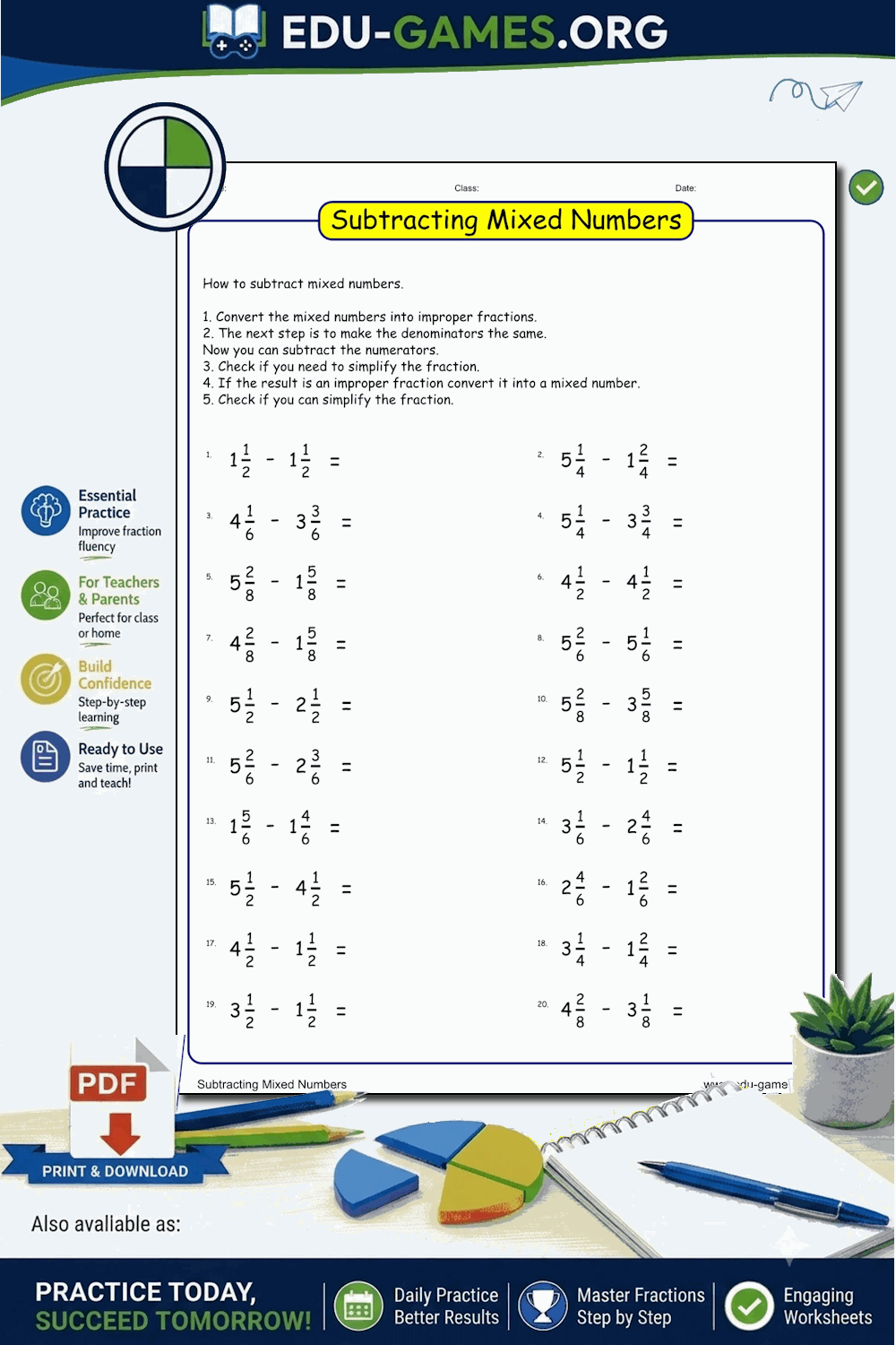Subtracting Mixed Numbers Worksheet Generator — Free Printable PDFs