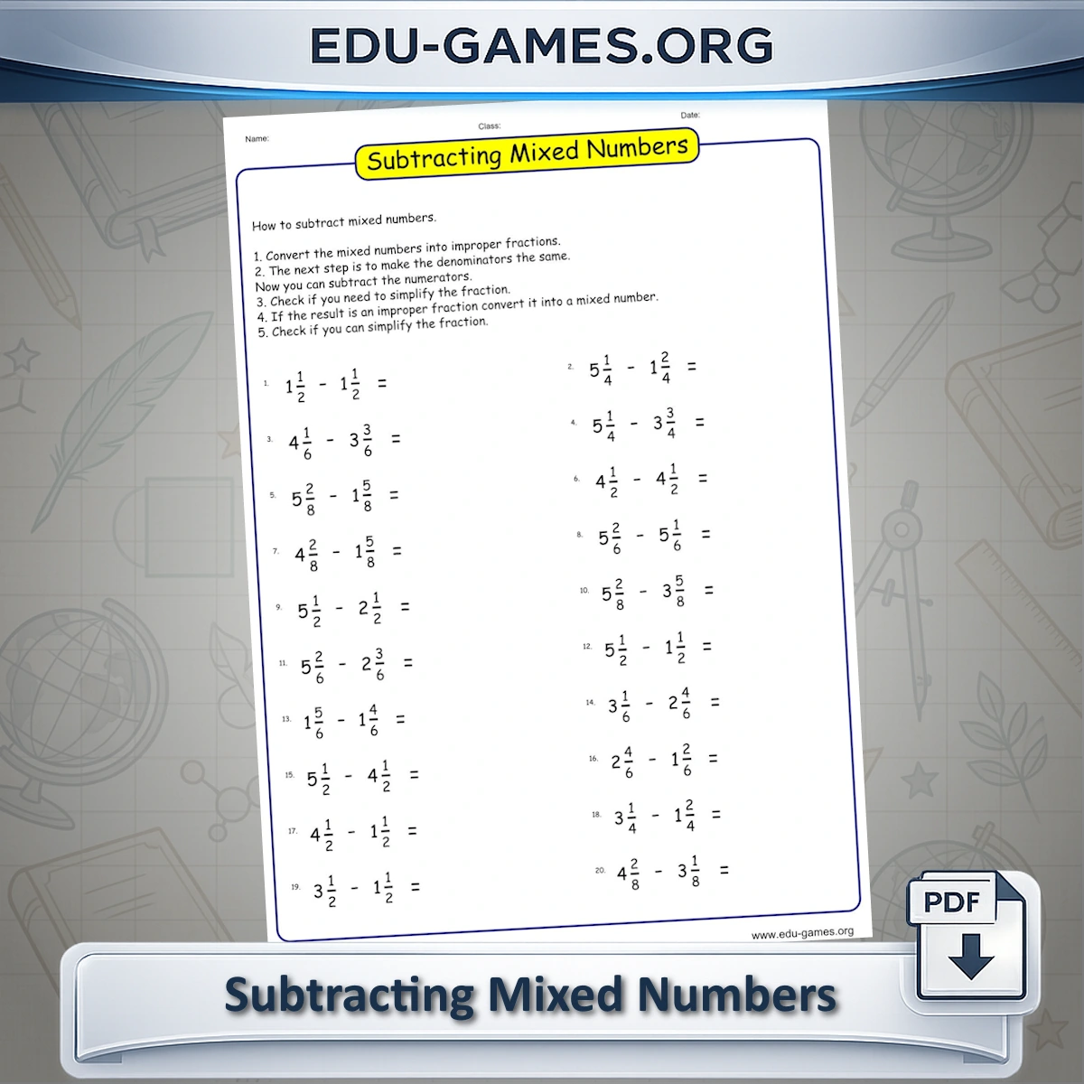 Free printable subtracting mixed numbers worksheet generator