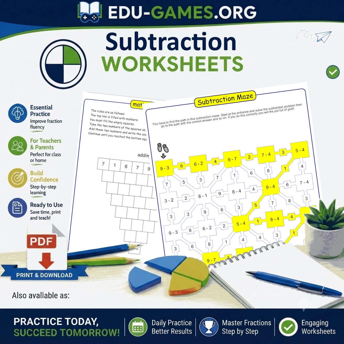 Free printable subtraction worksheets and games
