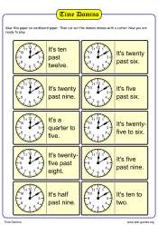 Time dominoes math worksheet for practicing telling time with clocks and digital times or spoken times.